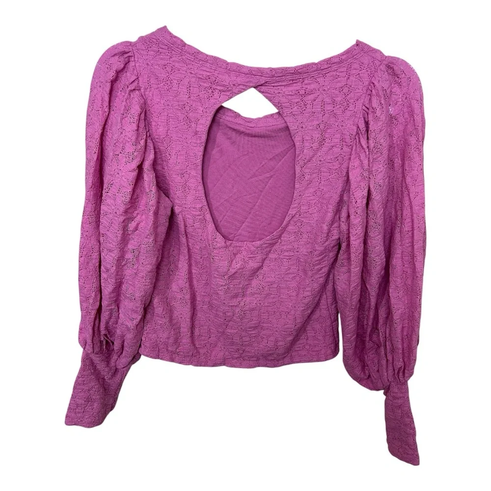 Free People Tea Time Long Sleeve Bell Sleeve Open Back Pink Lace Blouse
